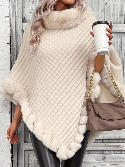 Solid Waffle Grid Fuzzy Trim Poncho, Elegant Thermal Hanky Hem Crew Neck Cape For Fall & Winter, Women's Clothing MyFave Boutique