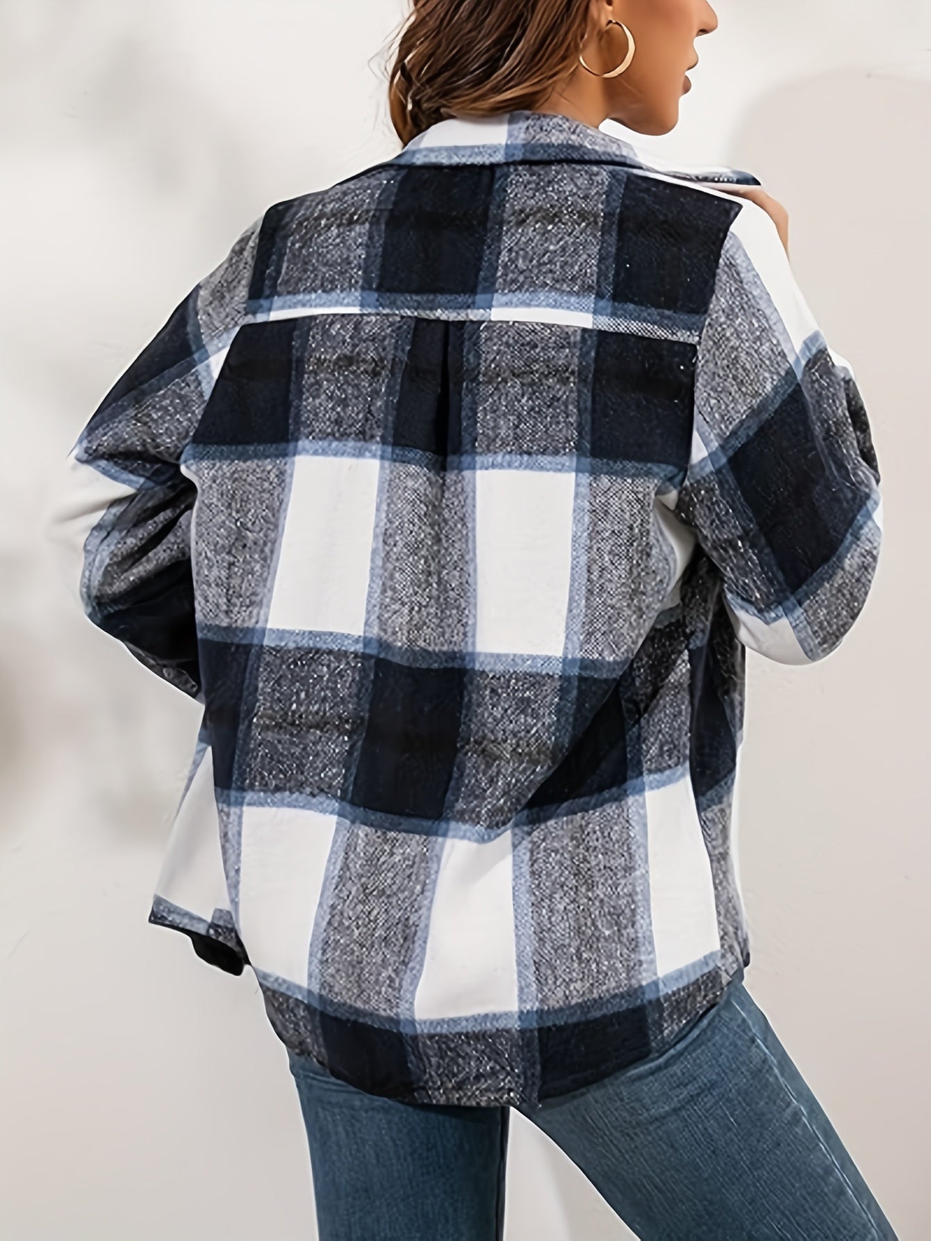 Plaid Print Flap Pockets Jacket, Casual Single Breasted Drop Shoulder Loose Outwear, Women's Clothing MyFave Boutique