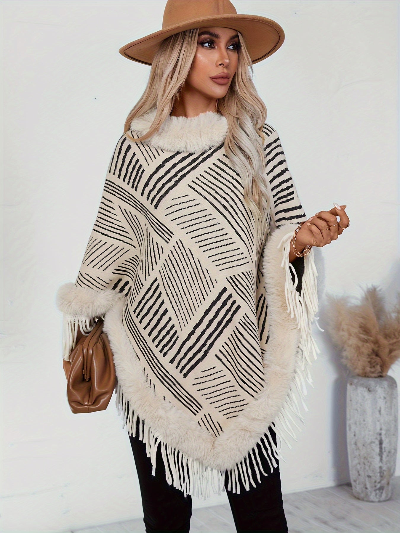 Stripe Pattern Fringe Hem Fuzzy Trim Poncho, Elegant Thermal Hanky Hem Crew Neck Cape For Fall & Winter, Women's Clothing MyFave Boutique