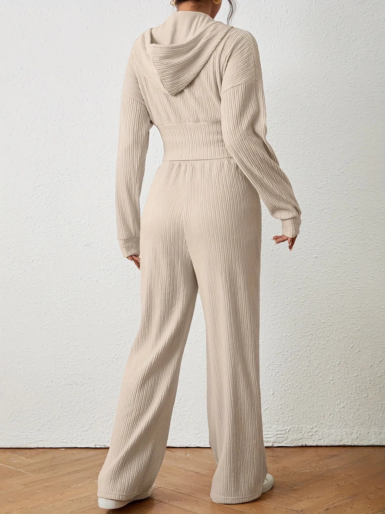 Elegant Women's Hooded Polyester Knit Pantsuit with Long Sleeve Zipper Jacket and Wide-Leg Pants – Solid Color, Stretch Fabric Blend (95% Polyester, 5% Elastane), Suitable for Spring and Fall MyFave Boutique