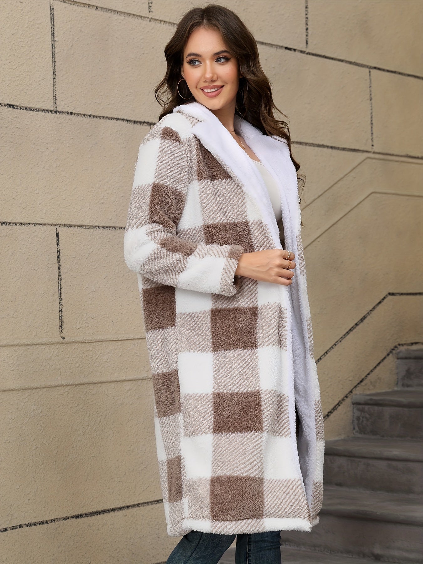 Women's Long Sleeve Collar Plush Lined Plaid Color Block Print Button Coat, Women's Clothing MyFave Boutique