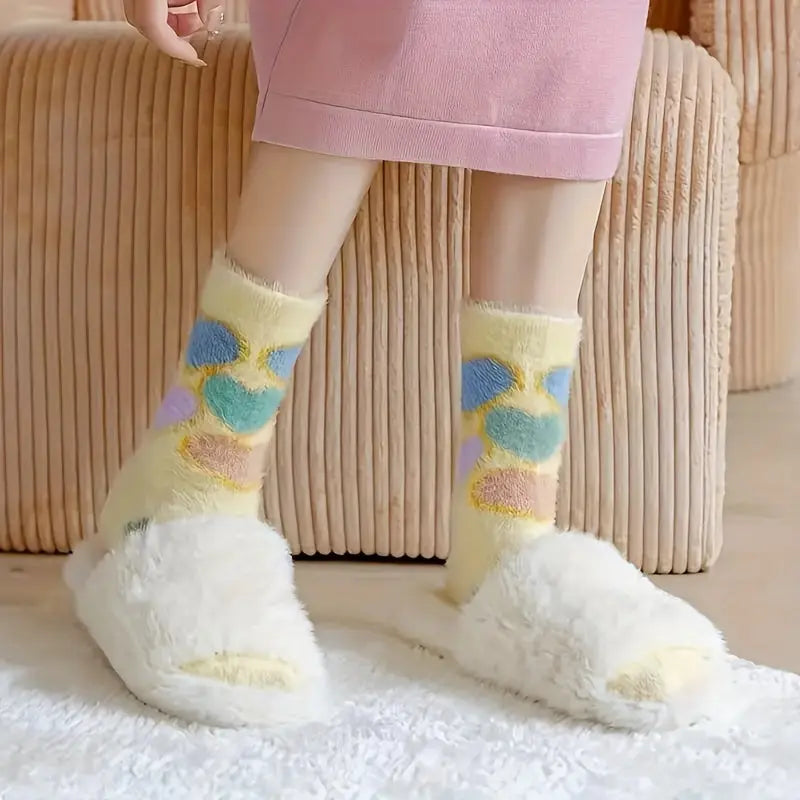 5 Pairs Women's Plush Cartoon Cloud Short Socks - Cozy Warm Mink Velvet Mid-Calf Socks, 95% Polyester 5% Spandex, Breathable Knit Fabric, Hand Wash - Cute Winter Thermal Ankle Socks for Ladies MyFave Boutique