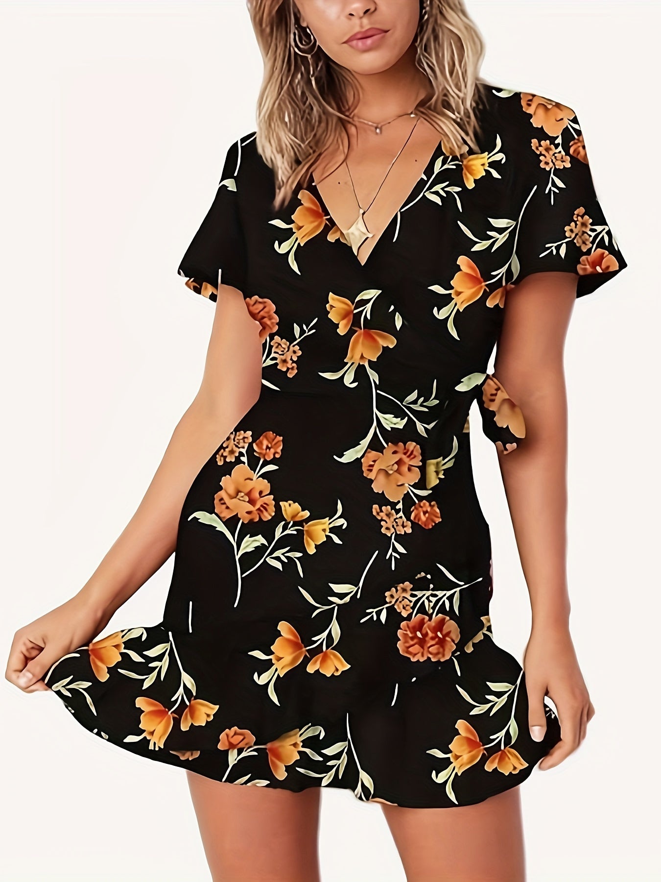 Floral Print V Neck Dress, Elegant Short Sleeve Waist Belt Dress For Spring & Summer, Women's Clothing MyFave Boutique