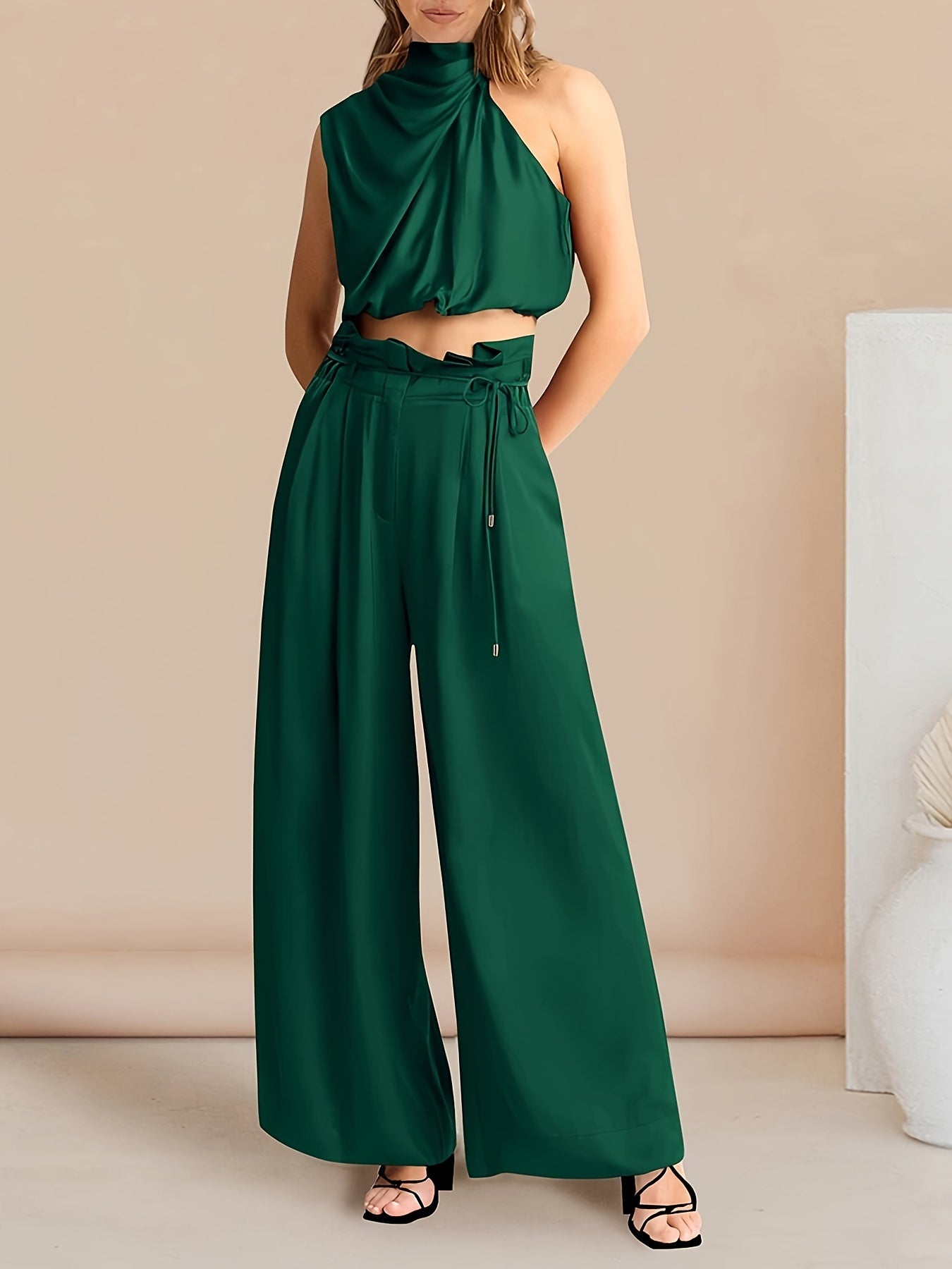 Womens 2024 Summer Sleeveless Mock Neck Crop Tops Wide Leg Pants Set MyFave Boutique