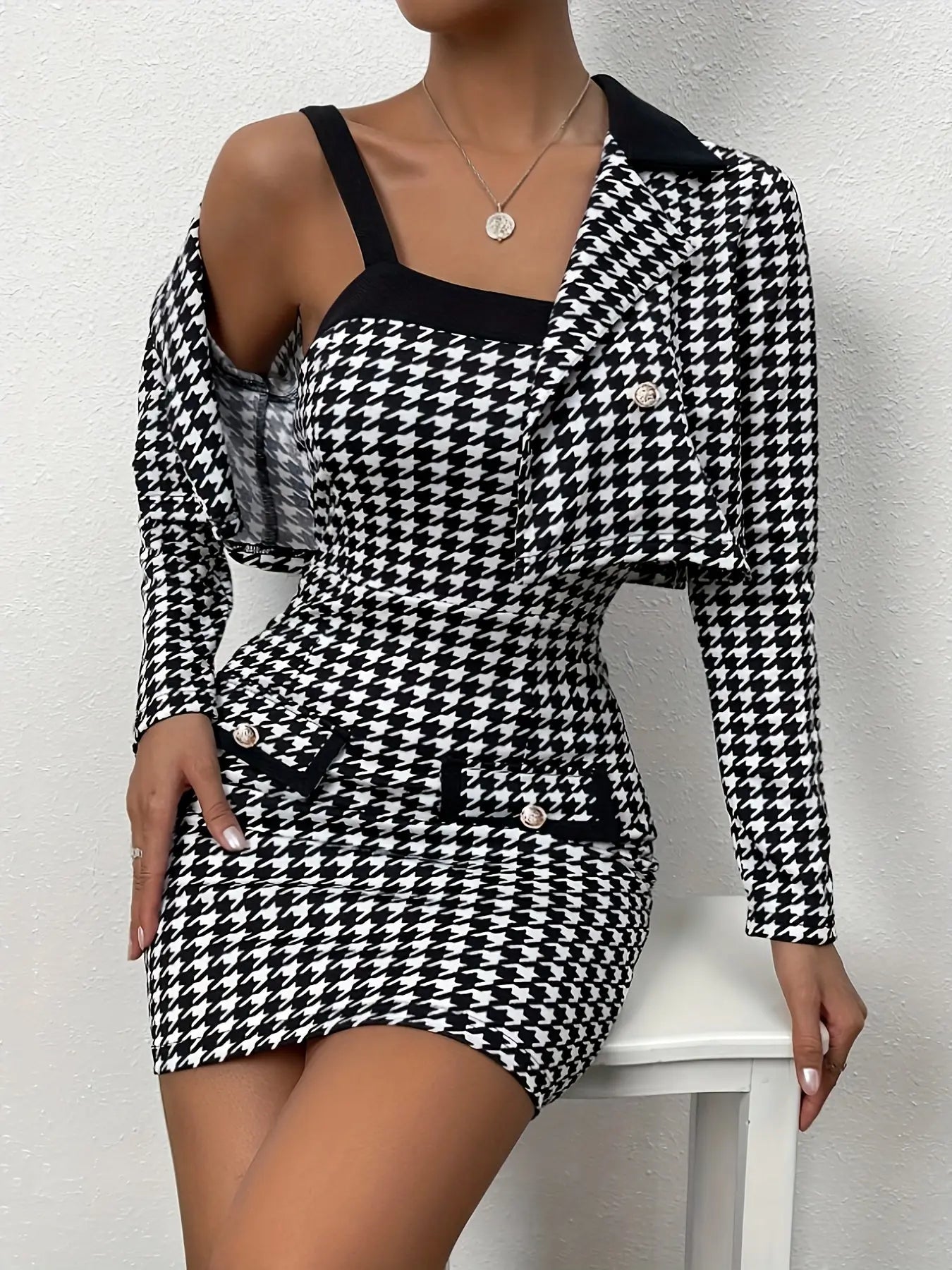 2 Pcs Elegant Houndstooth Print Tank Dress Set, Long Sleeve Button Front Notched Lapel Crop Blazer & Sleeveless Bodycon Wide Strap Mini Dress Outfits, Women's Clothing MyFave Boutique