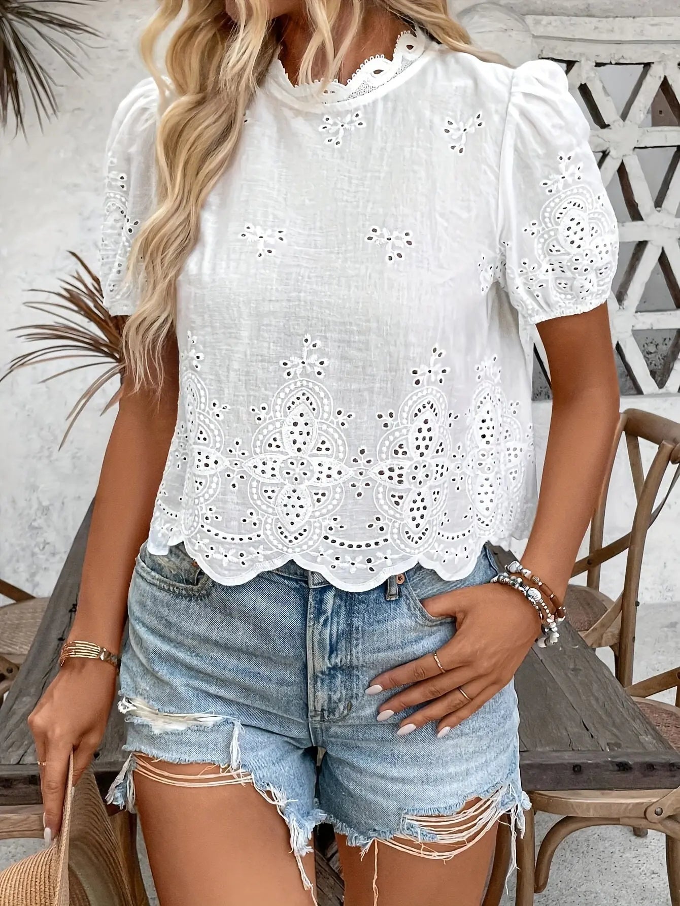 Eyelet Embroidered Scallop Trim Blouse, Elegant Short Sleeve Solid Blouse For Spring & Summer, Women's Clothing MyFave Boutique