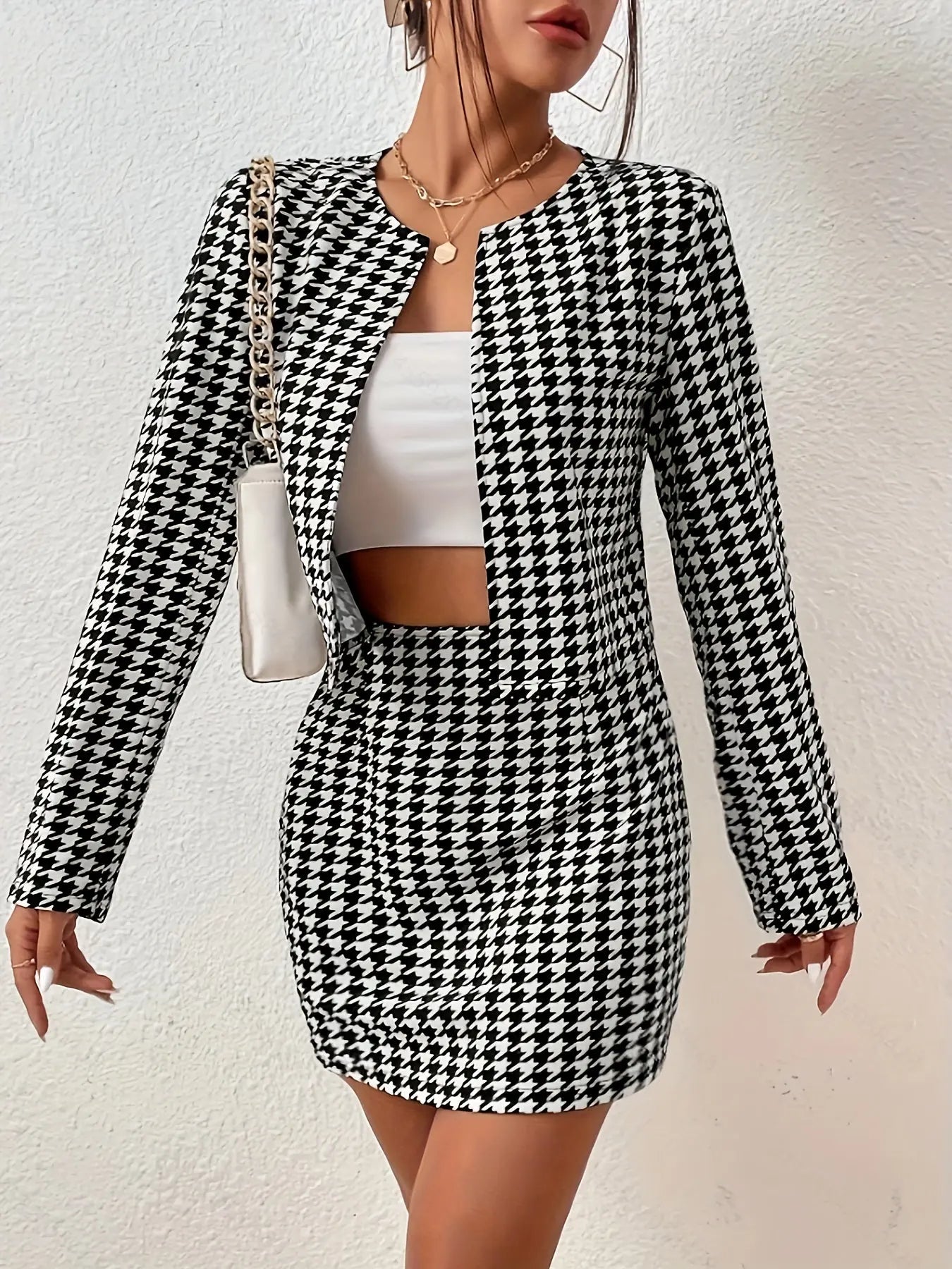 Elegant Houndstooth Cropped Blazer And Skirt Set - Women'S Fashion, Polyester Blend, Knit Fabric, No Collar, All Seasons, 1 Blazer + 1 Skirt MyFave Boutique