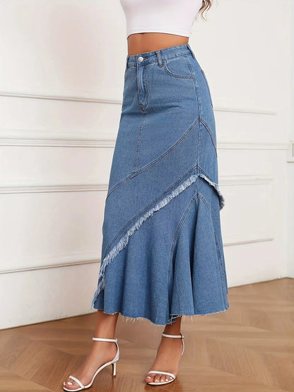 Elegant Maxi Denim Skirt with Ruffled Raw Trim, Women's Washed Blue Jeans & Clothing MyFave Boutique