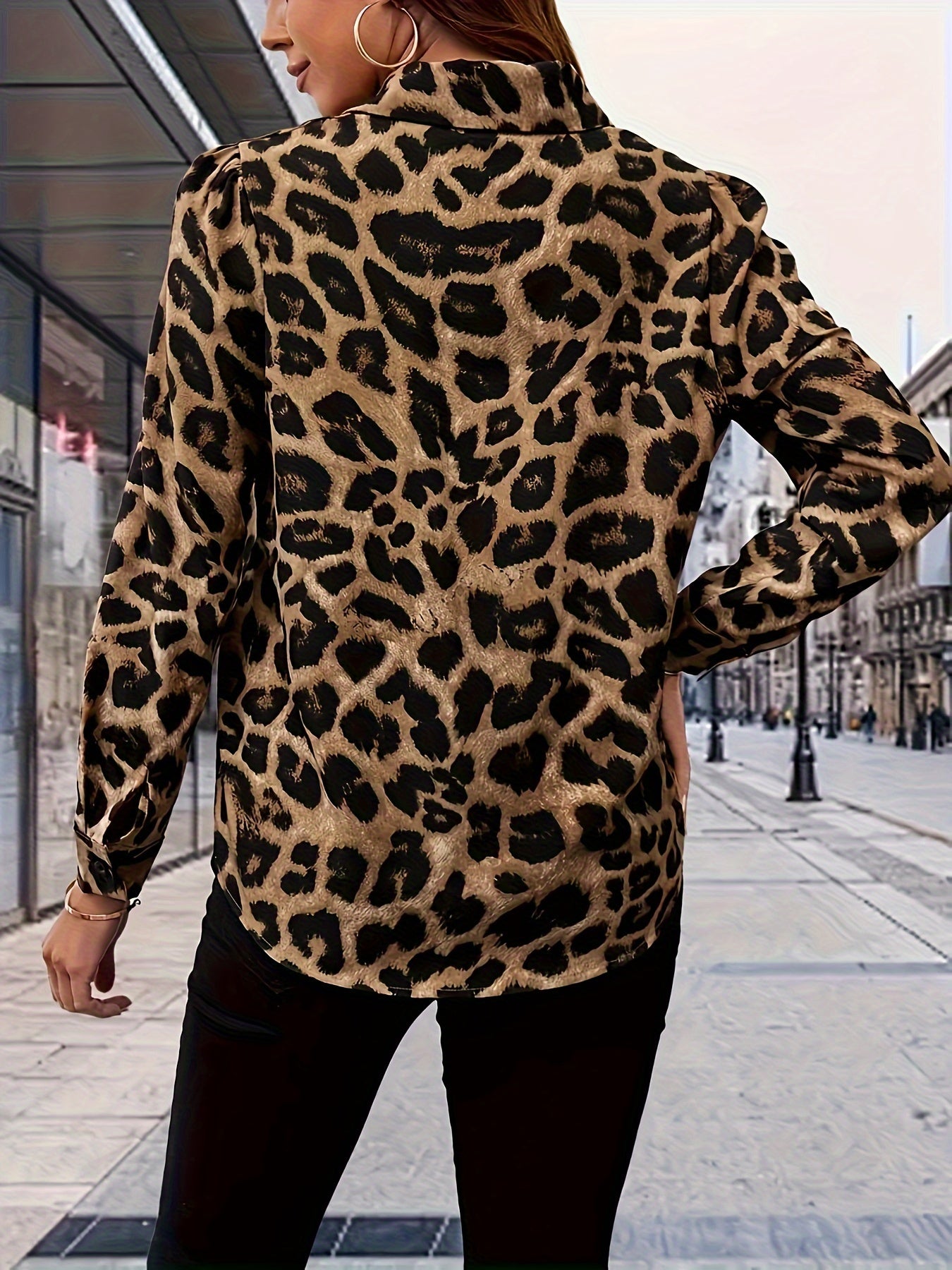 Leopard Print Button Up Shirt, Elegant Long Sleeve Collared Shirt For Spring & Fall, Women's Clothing MyFave Boutique