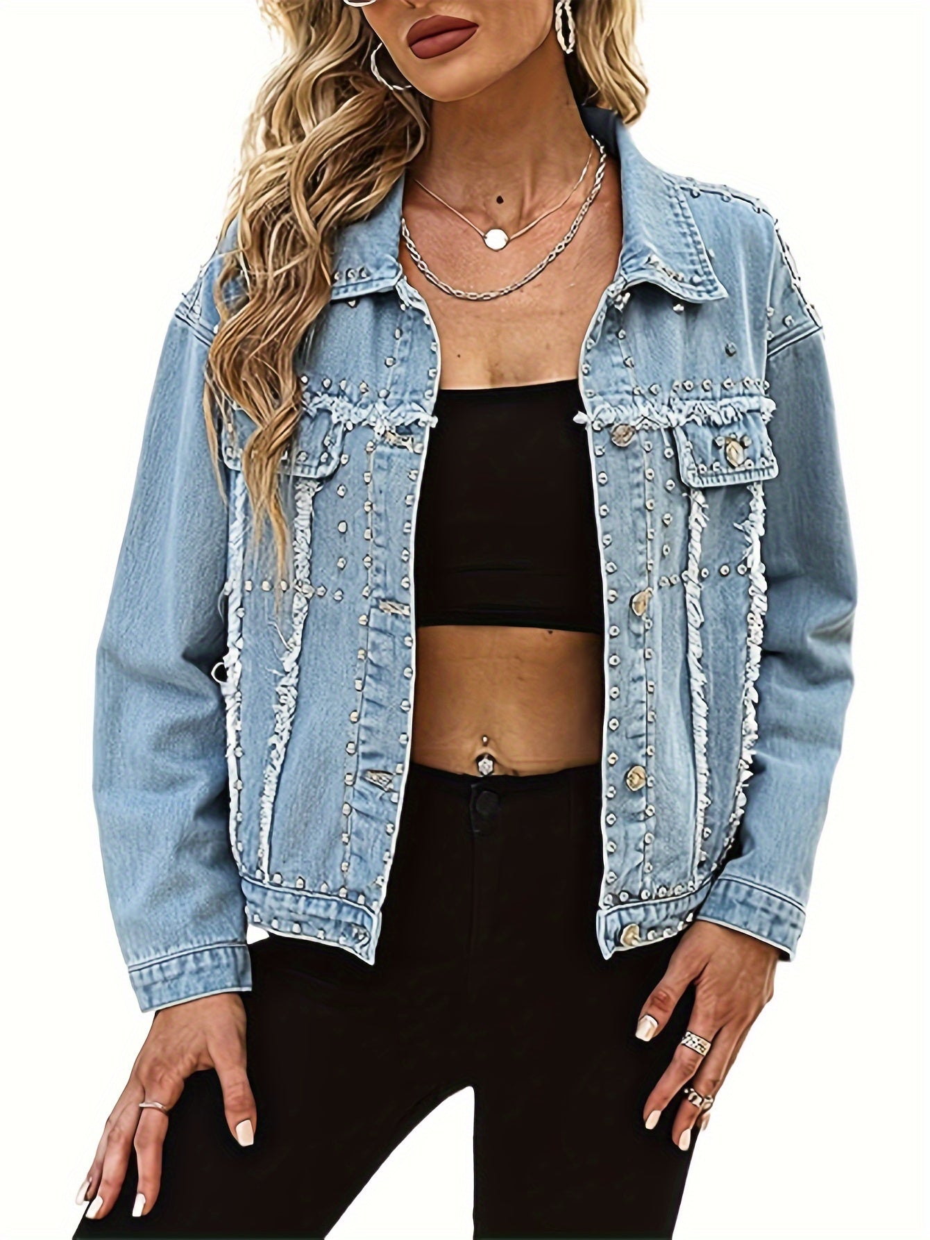 Women's Long Sleeve Rivet Studded Denim Jacket Casual Solid Color Raw Detail Jean Coat MyFave Boutique