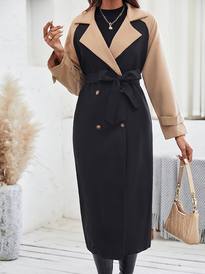 Elegant Women's Long Trench Coat - Fashionable Two-Tone, Stretch, Sizes S/M/L/XL, Chic Detail, Easy Care Washable, Without Stretch, Khaki MyFave Boutique