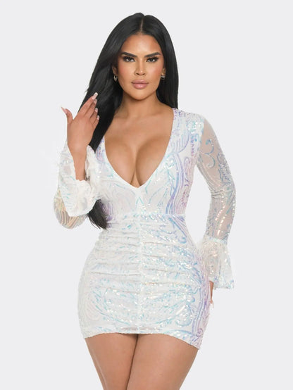 Elegant Long-Sleeve Sequin Mini Dress with Feather Trim Perfect for Glamorous Events MyFave Boutique