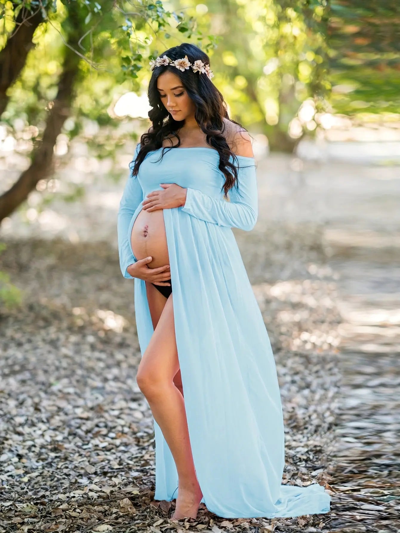 Maternity Solid Color Off The Shoulder Design Dress, Thin Comfy Sexy Stretchy Long Sleeve Pregnant Women's Clothing MyFave Boutique