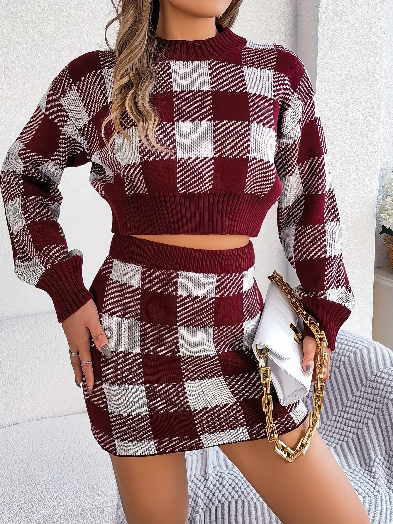 Plaid Pattern Knitted Two-piece Skirt Set, Crew Neck Long Sleeve Top & High Waist Skirts Outfits, Women's Clothing MyFave Boutique