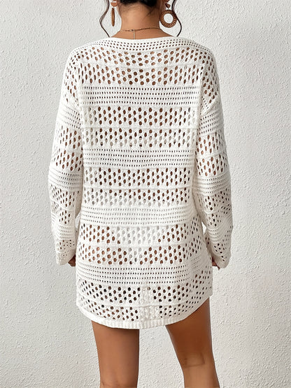 Solid Color Knitted Cover Up Dress, V Neck Long Sleeves Hollow Out Beach Dress, Women's Swimwear MyFave Boutique