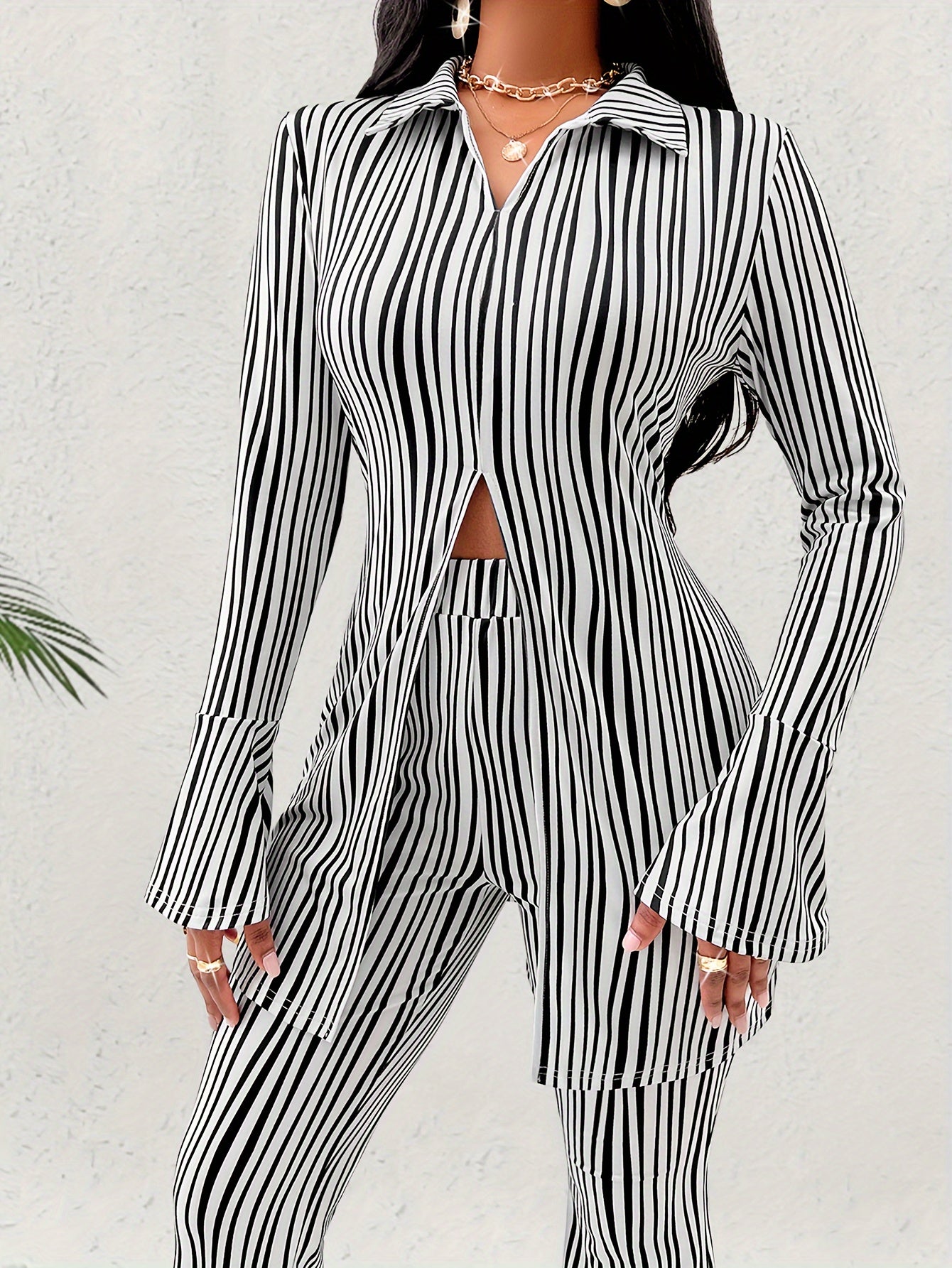 Elegant Striped Pattern Pants Set, Split Hem Long Sleeve Slim Blouse & Flare Leg Slim High Waist Pants, Women's Clothing MyFave Boutique