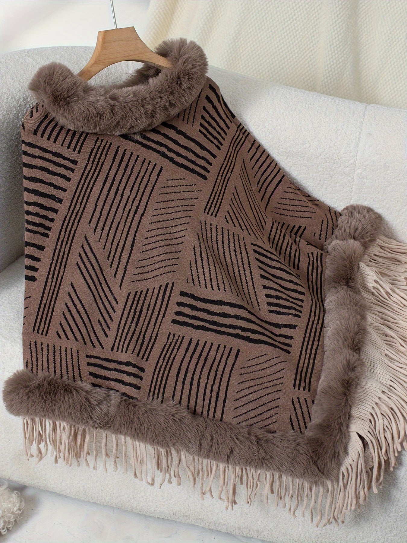 Stripe Pattern Fringe Hem Fuzzy Trim Poncho, Elegant Thermal Hanky Hem Crew Neck Cape For Fall & Winter, Women's Clothing MyFave Boutique