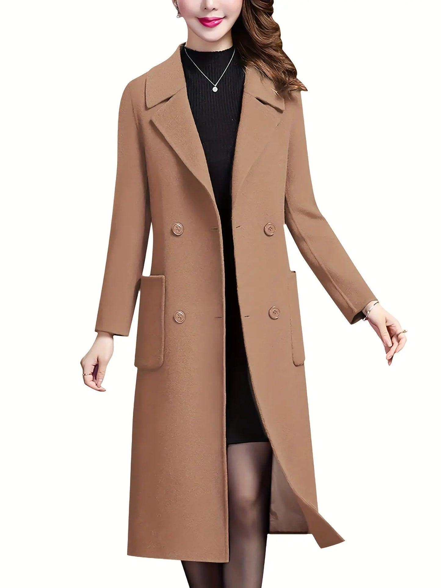 Women's Winter Fashion Mid Long Solid Lapel Trench Coat Wool Blend Warm Casual Pea Jacket MyFave Boutique