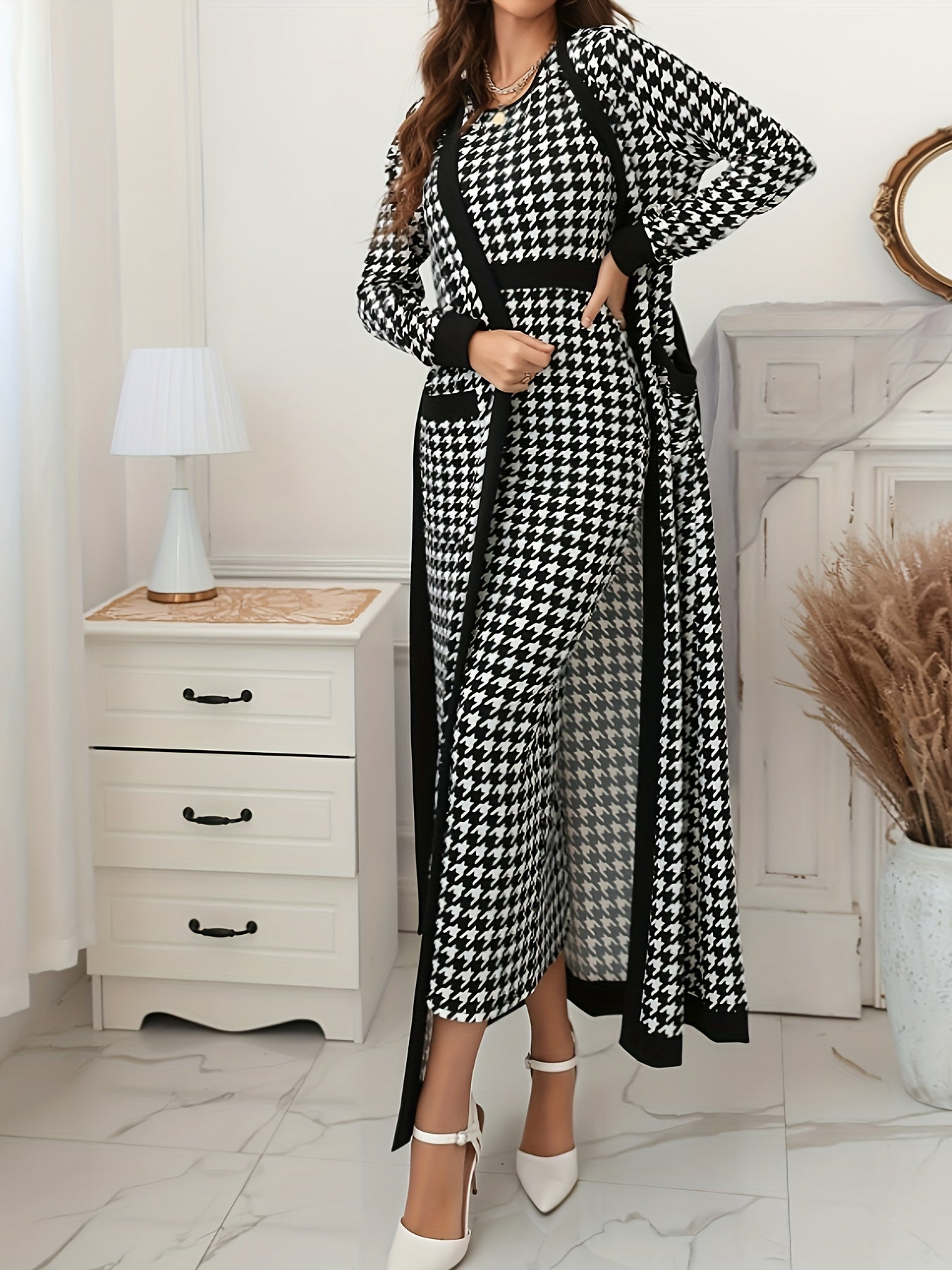 Elegant Houndstooth Pencil Dress Set, Long Sleeve Open Front Tie Waist Duster Cardigan & Bodycon Crew Neck Sleeveless Split Hem Tank Dress Outfits, Women's Clothing MyFave Boutique