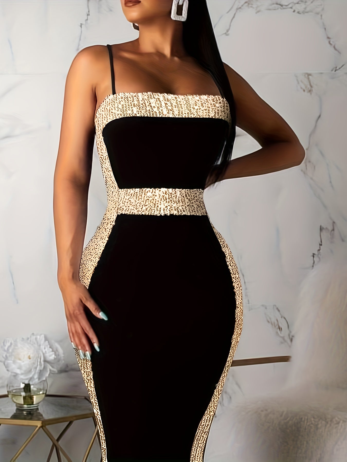 Sequined Contrast Trim Cami Dress, Elegant Sleeveless Bodycon Dress For Club & Party, Women's Clothing MyFave Boutique