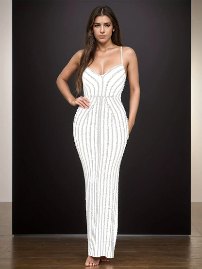 PORRCEY Women's Sexy Stripe Rhinestone Sling Solid Color Wrapped Chest Long Dress MyFave Boutique