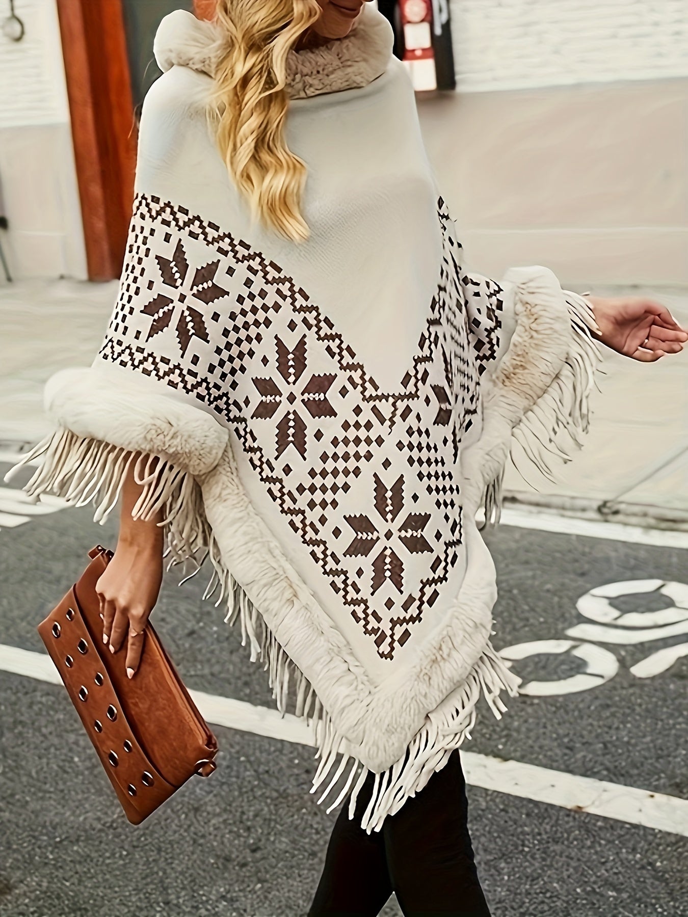 Geo Print Faux Fur Trim Fringe Poncho, Thermal Hanky Hem Poncho For Fall & Winter, Women's Clothing MyFave Boutique