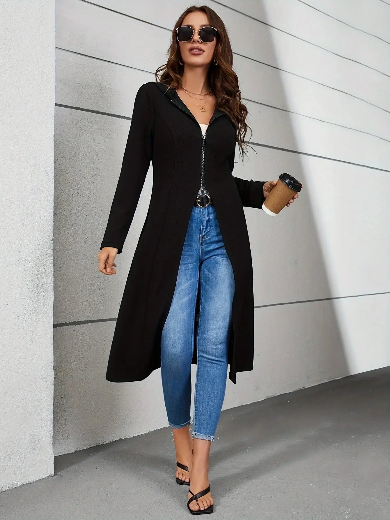 Women'S Elegant Long Coat with Hood and Zipper, Solid Color Polyester Knit Sweater Cardigan, Fashion Outerwear for All Seasons MyFave Boutique