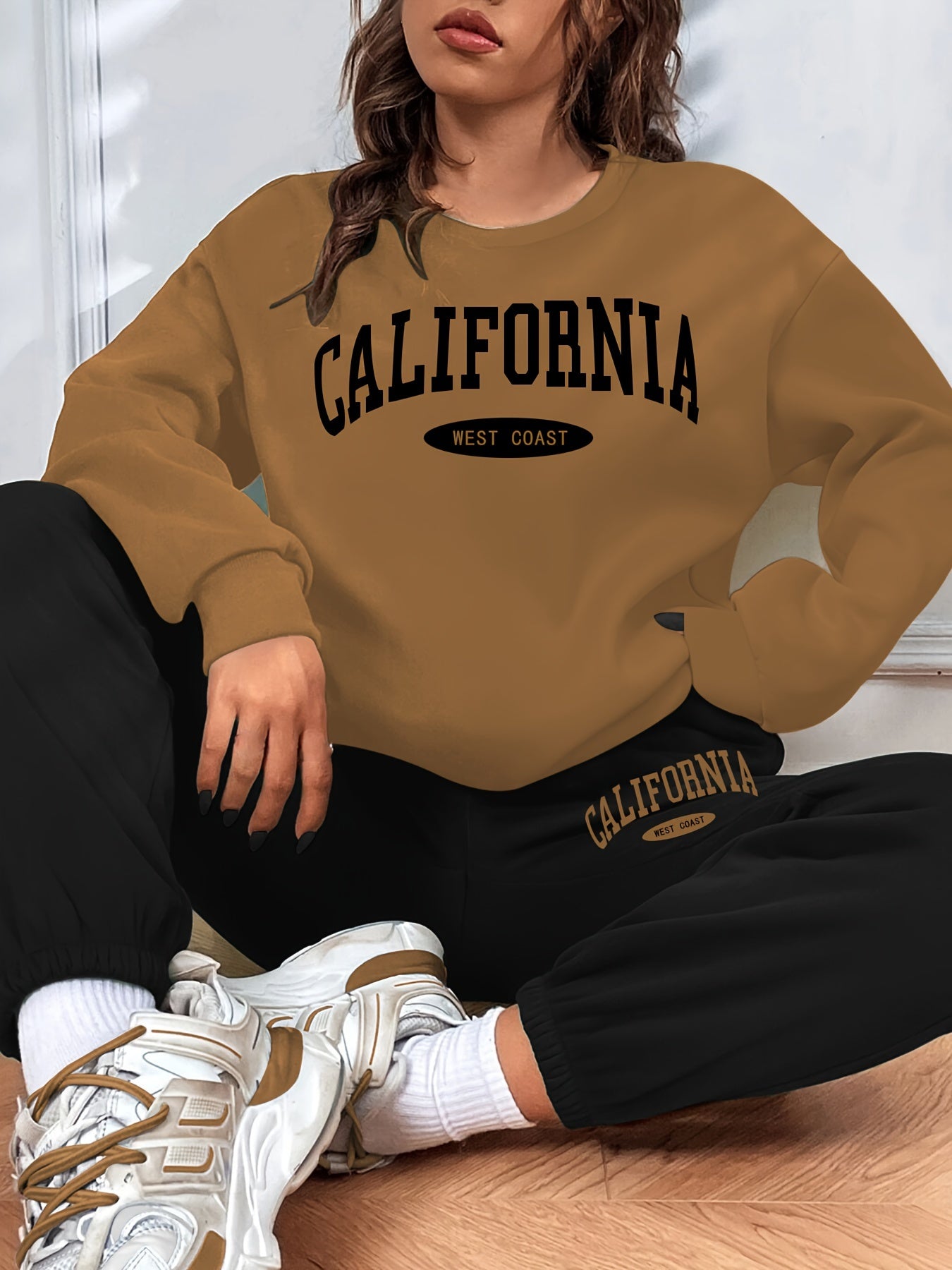 California Print Casual Two-piece Set, Long Sleeve Sweatshirt & Elastic Waist Sweatpants Outfits, Women's Clothing MyFave Boutique