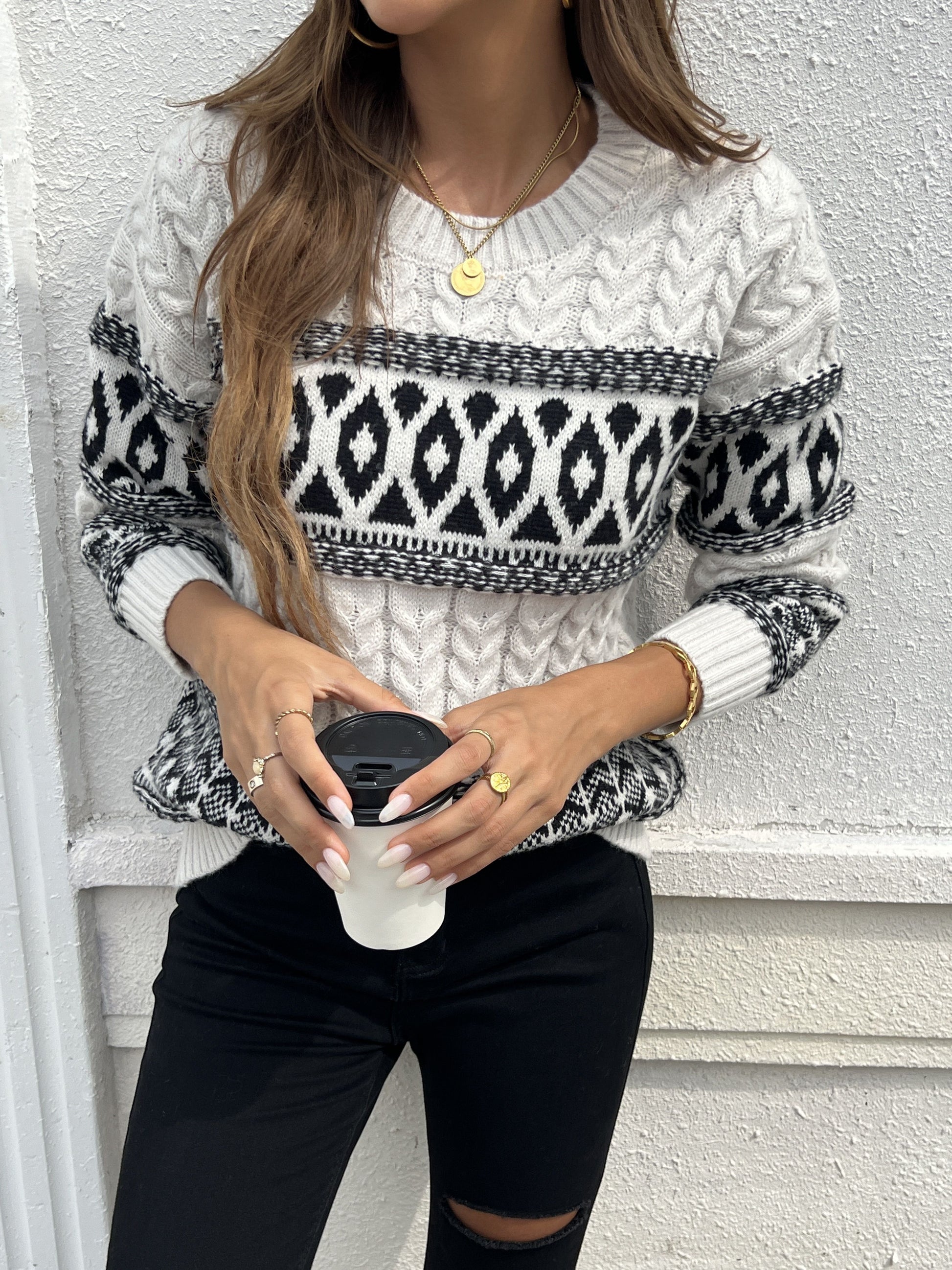 Geo Pattern Cable Knit Sweater, Crew Neck Elegant Long Sleeve Sweater For Fall & Winter, Women's Clothing MyFave Boutique