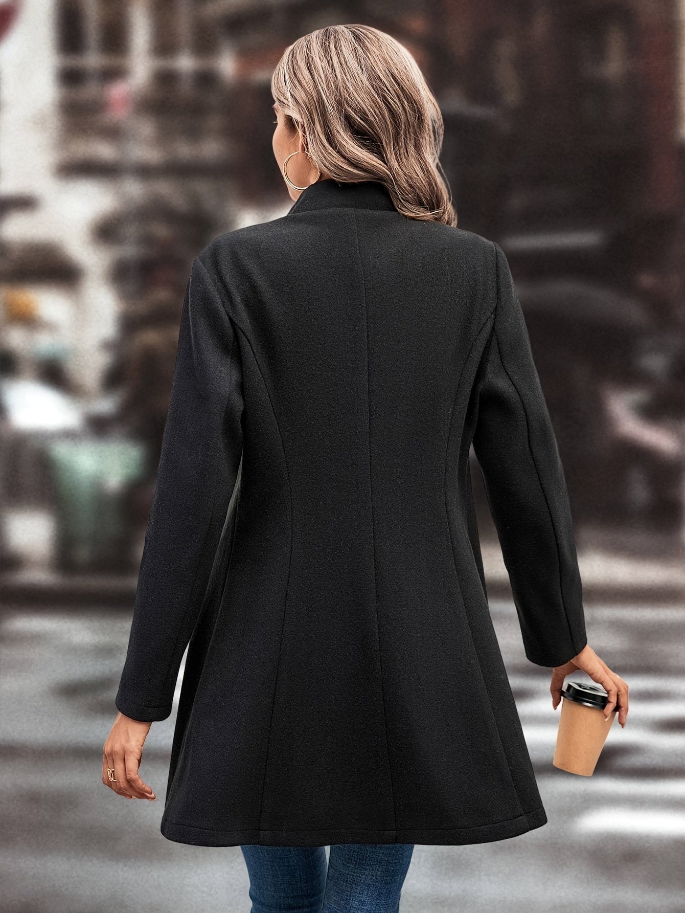 Single-breasted Lapel Collar Overcoat, Elegant Long Sleeve Woolen Blend Outerwear For Fall & Winter, Women's Clothing MyFave Boutique