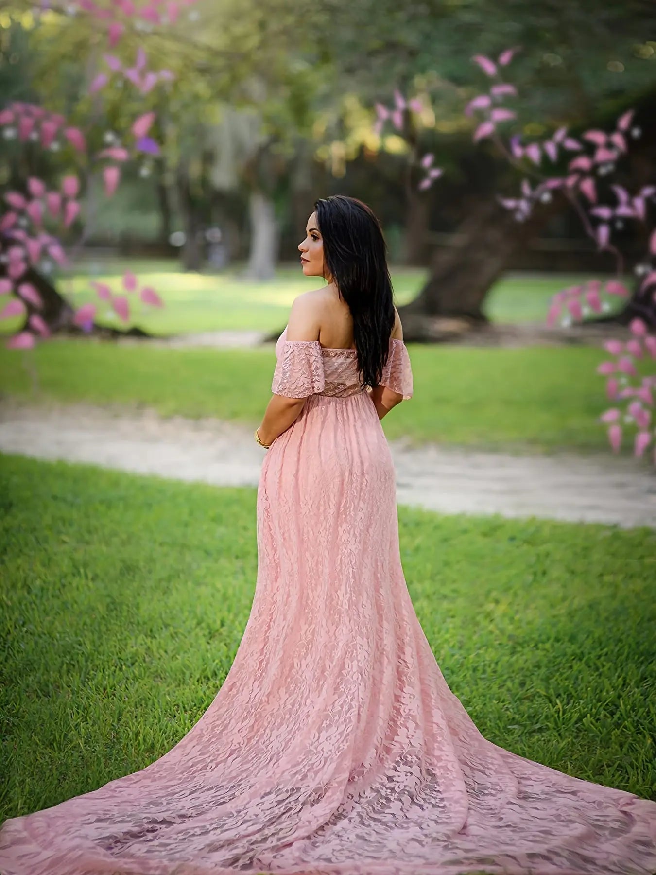 Elegant Maternity Lace Dress for Photography & Parties - Off-Shoulder, Flared, Long Length MyFave Boutique