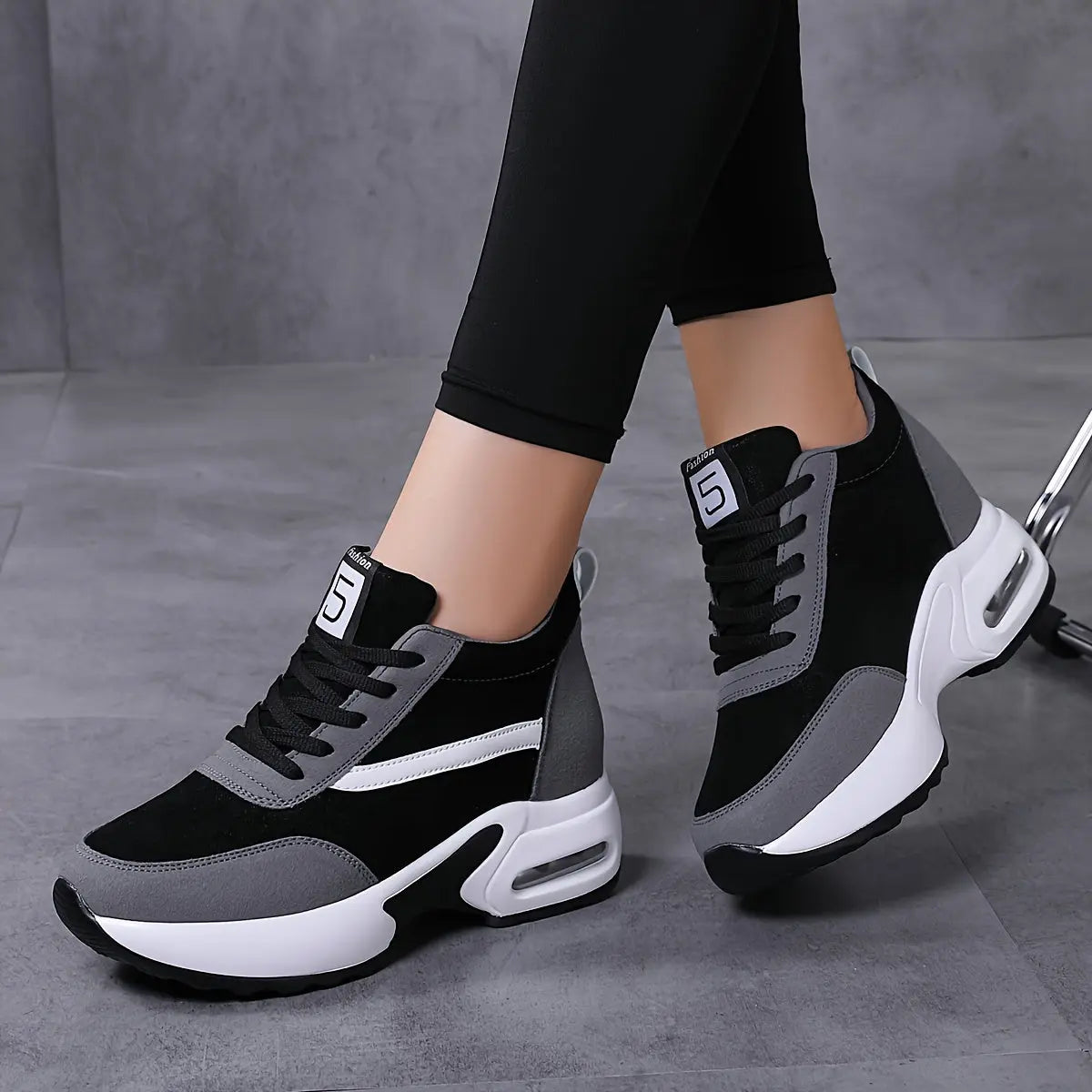 Women's Height-Boosting Lace-Up Sneakers with Air Cushioning and Pu Upper MyFave Boutique