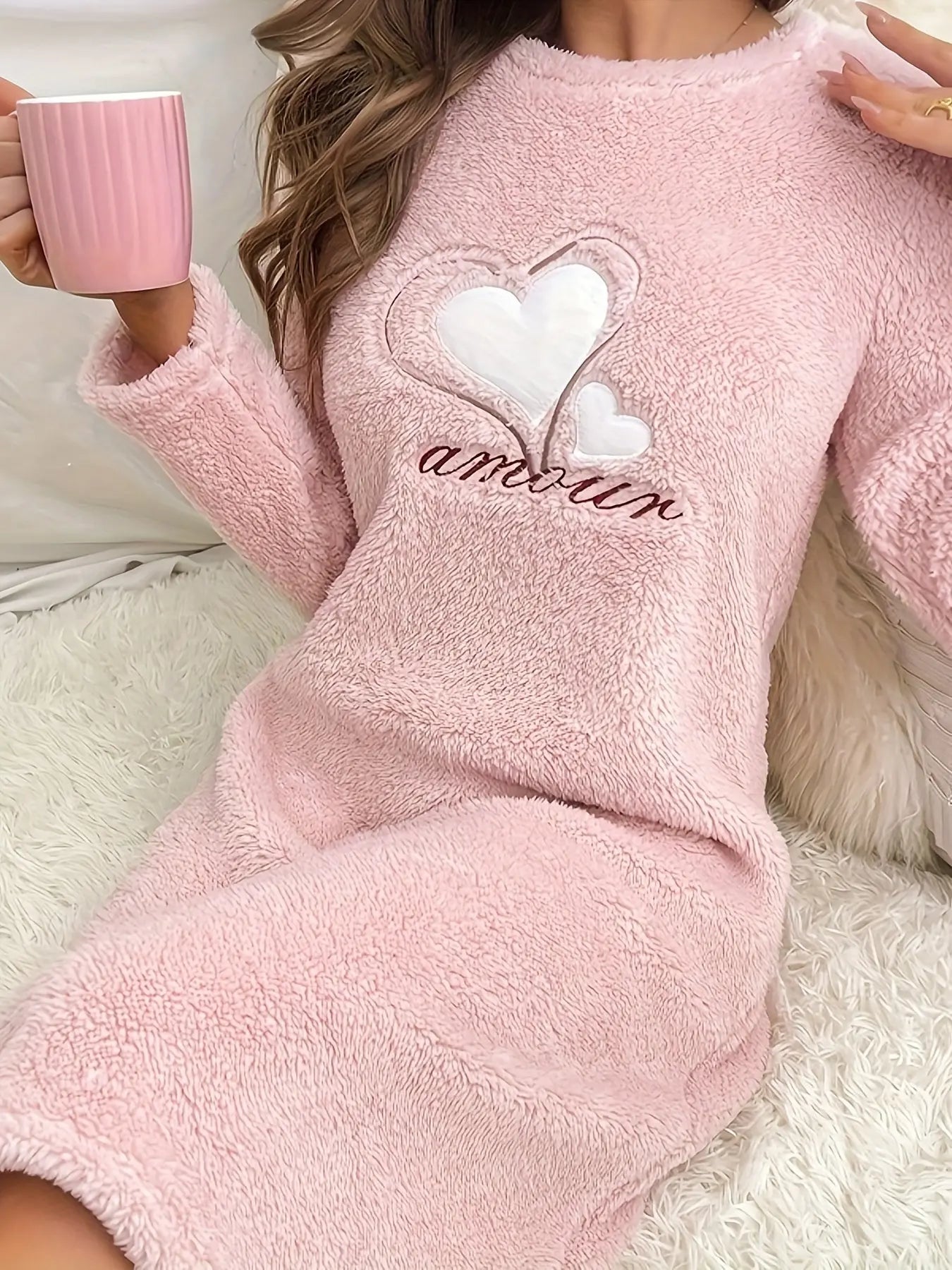 Women's Heart & Letter Pattern Plush Thickened Casual Sleepwear Dress, Long Sleeve Round Neck Loose Fit Dress, Comfortable Nightgown For Fall & Winter MyFave Boutique