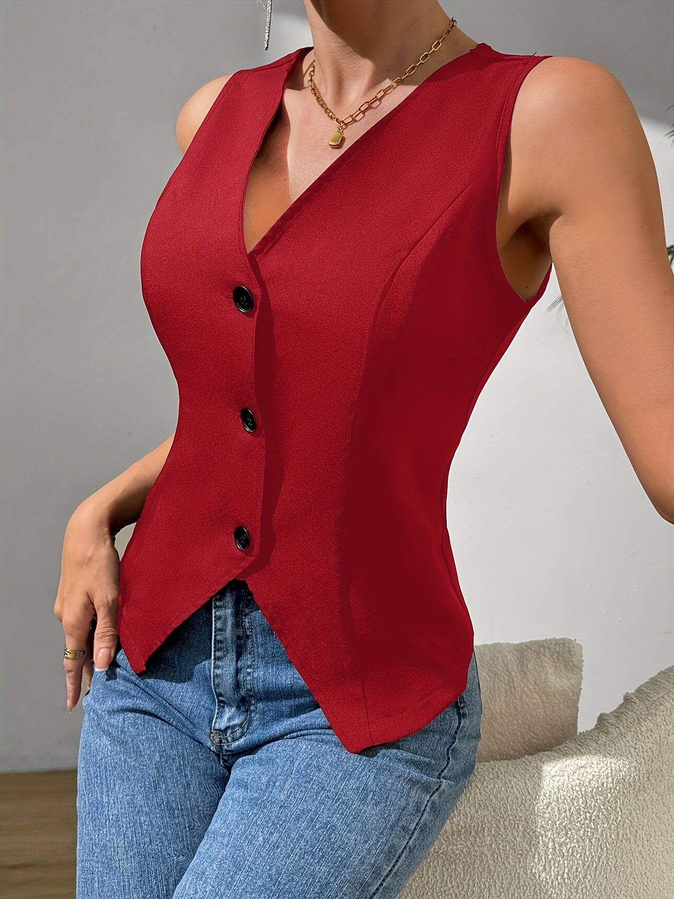 Button Front V Neck Vest, Elegant Solid Color Sleeveless Slim Fit Vest For Spring & Summer, Women's Clothing MyFave Boutique