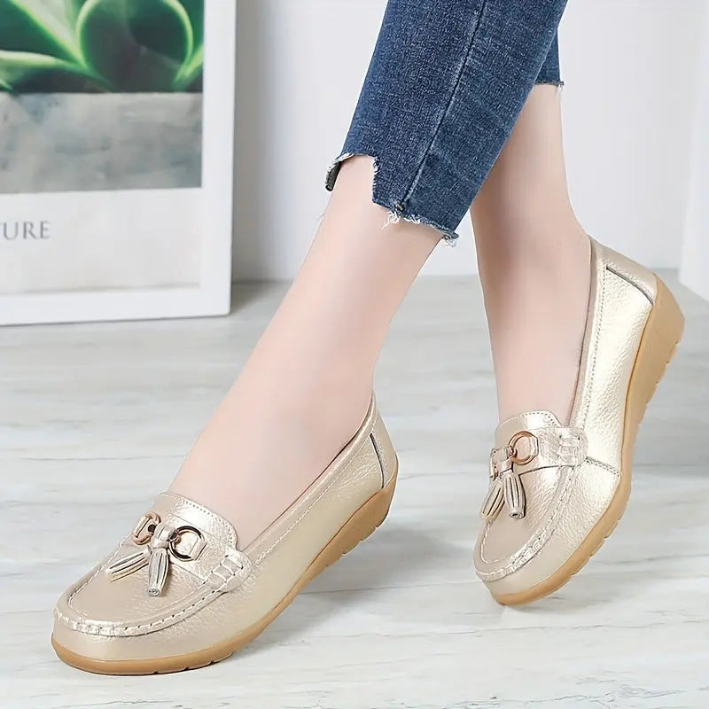 Women's Tassel Decor Flat Loafers, Solid Color Soft Sole Slip On Shoes, Casual Round Toe Flats MyFave Boutique