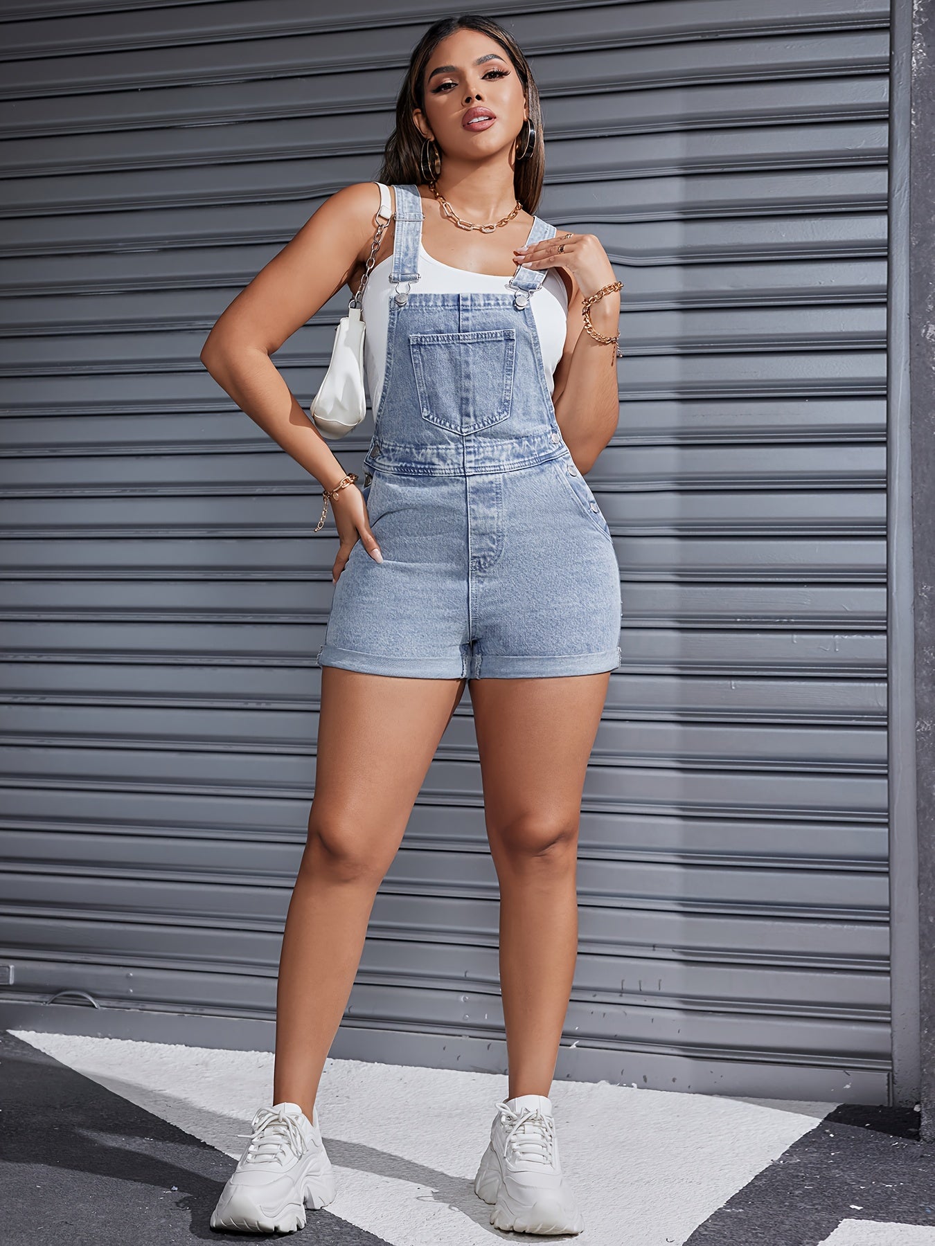 2024 Fashion denim overalls Sexy fashion wash denim Shorts Women's casual denim bib overall shorts Adjustable shoulder strap cuffed hem jumpsuit MyFave Boutique