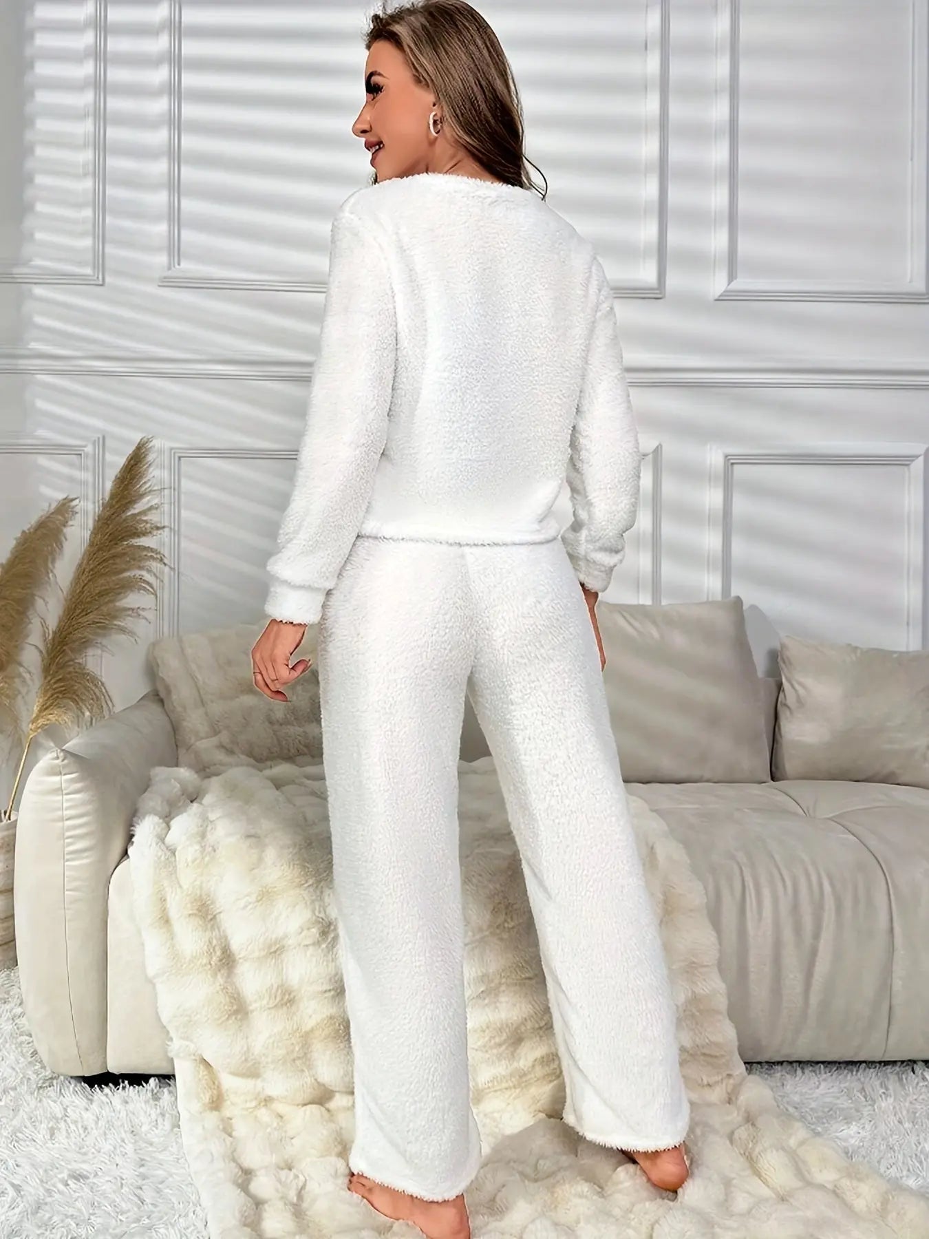 Women's Simple Solid Fluffy Thick Pajama Set, Long Sleeve Round Neck Top & Pants, Comfortable Relaxed Fit For Fall & Winter MyFave Boutique