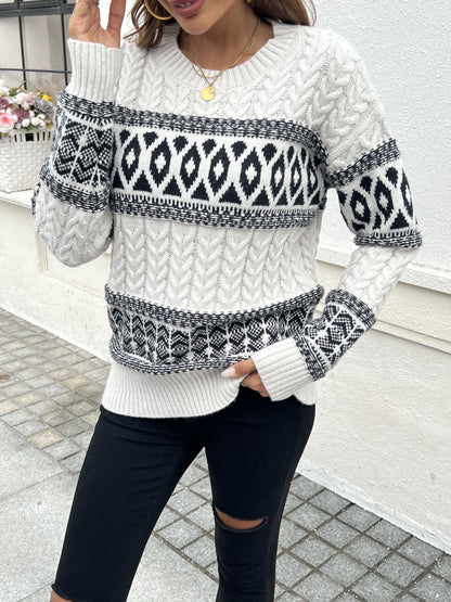 Geo Pattern Cable Knit Sweater, Crew Neck Elegant Long Sleeve Sweater For Fall & Winter, Women's Clothing MyFave Boutique