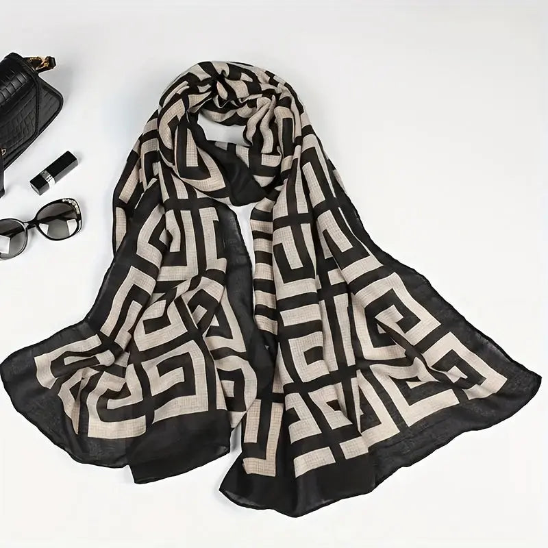 Black Beige Color Geometric Pattern Scarf Soft Warm Windproof Wrap Boho Style Sunscreen Shawl MyFave Boutique