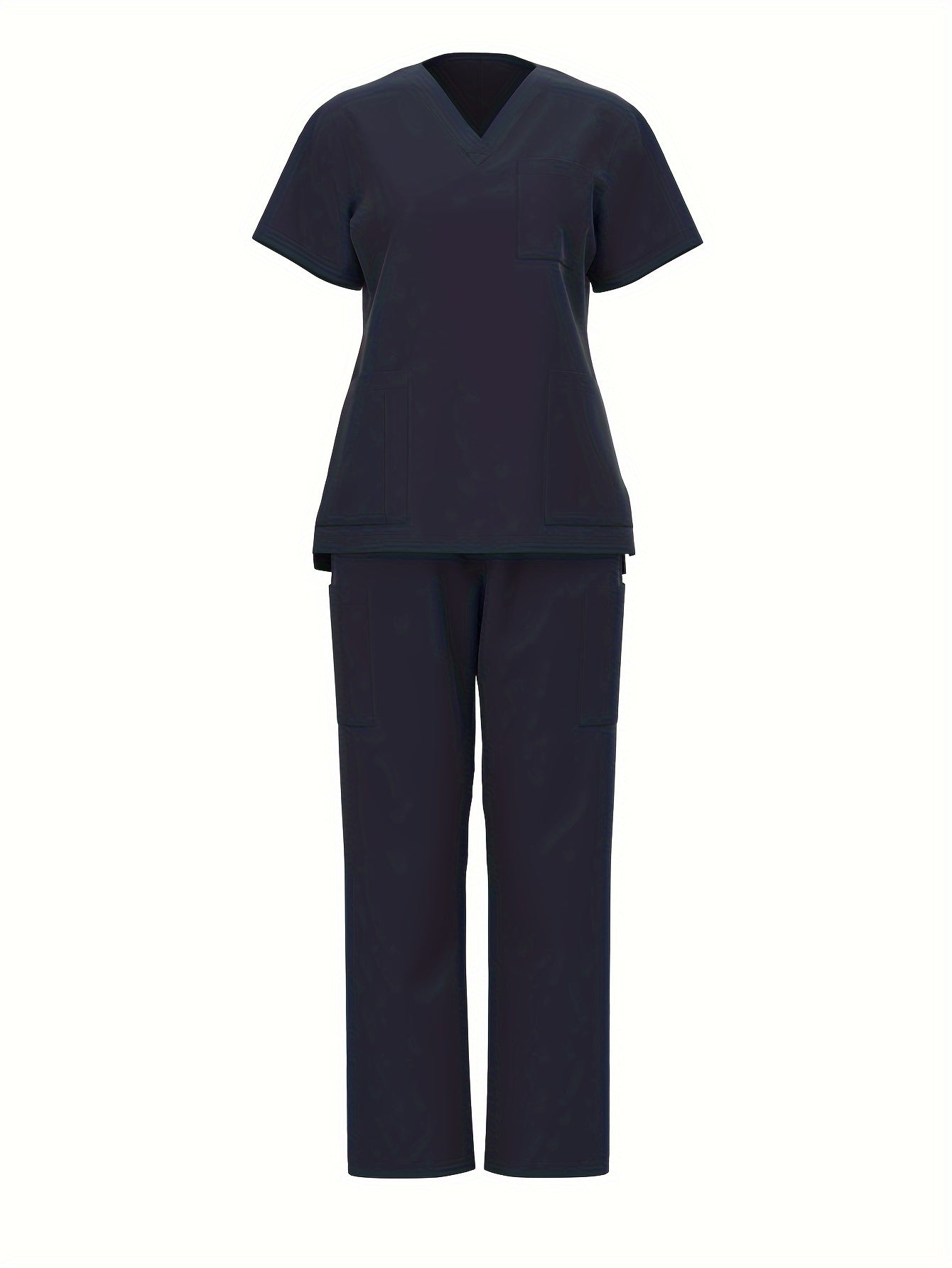 Solid Functional Two-piece Set, Patched Pockets V-neck Top & Straight Leg Pants Uniform Outfits, Women's Clothing MyFave Boutique