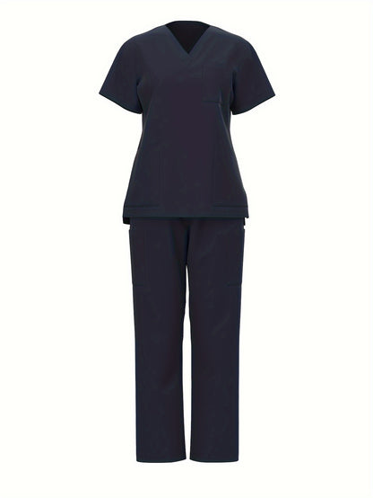 Solid Functional Two-piece Set, Patched Pockets V-neck Top & Straight Leg Pants Uniform Outfits, Women's Clothing MyFave Boutique