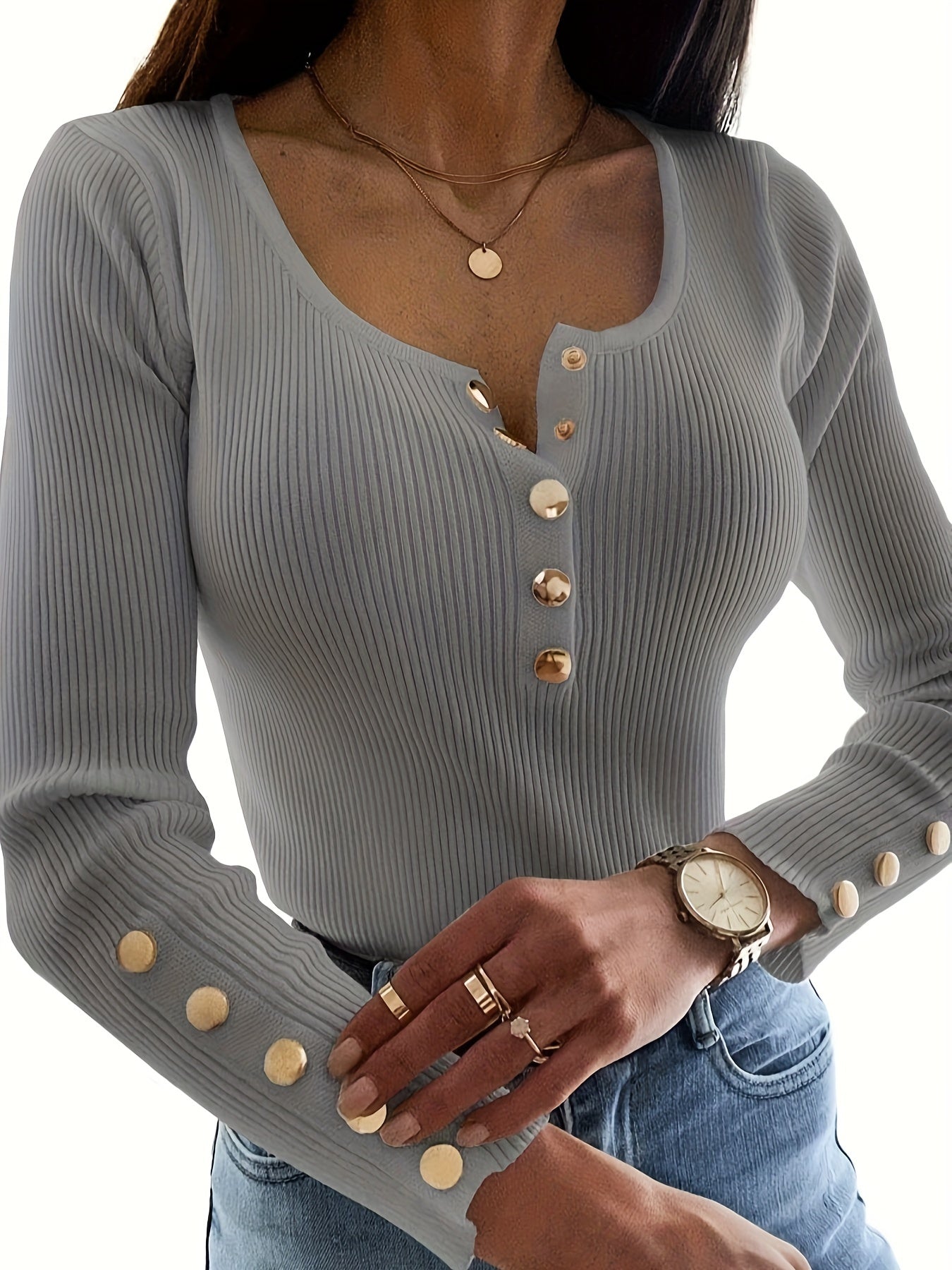 Womens Sexy Long Sleeve Sweater Scoop Neck Button Up Fitted Pullover Shirts Tops MyFave Boutique