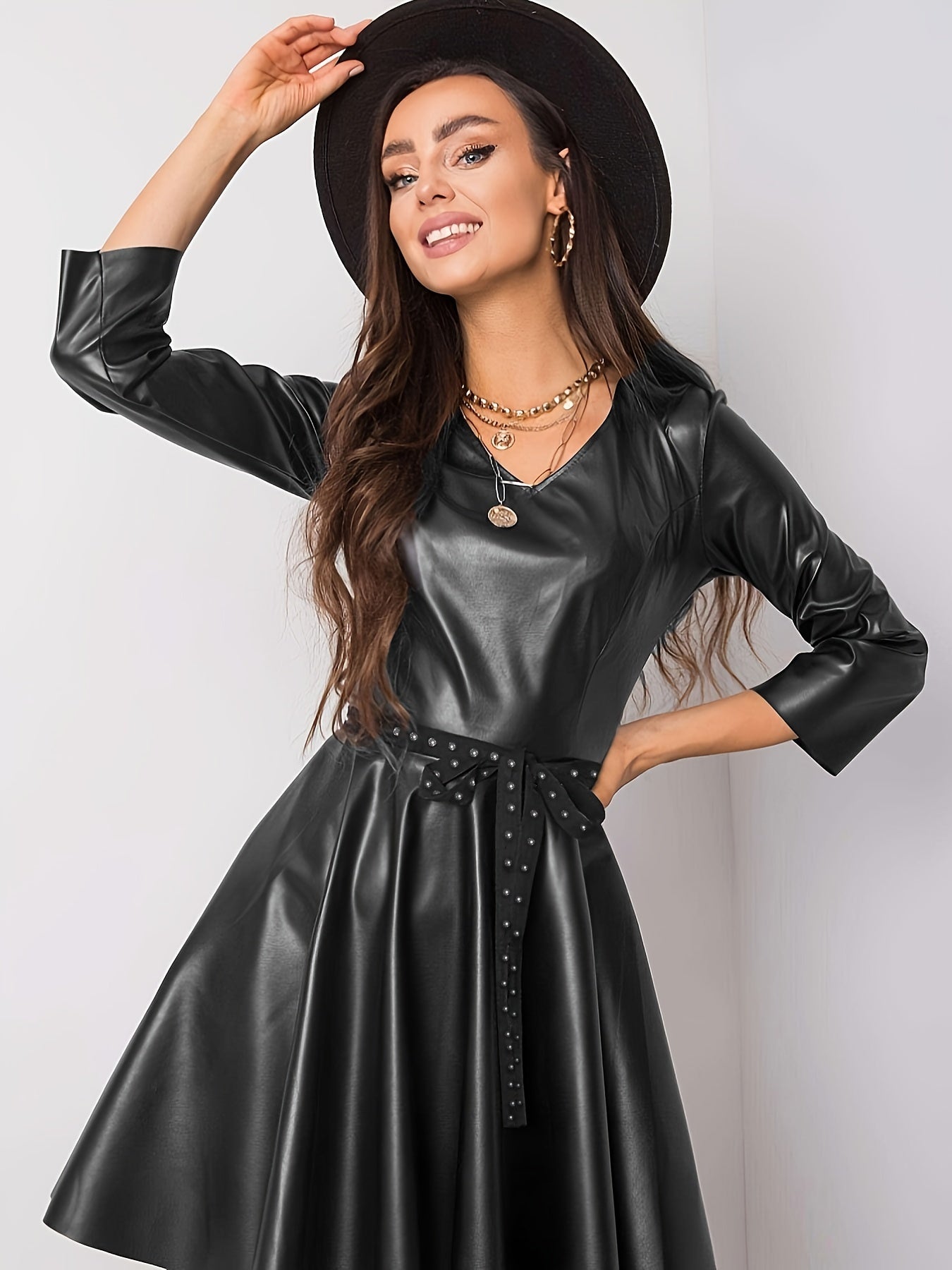 Faux Leather V Neck Dress, Vintage 3/4 Sleeve Bow Waist Dress, Women's Clothing MyFave Boutique