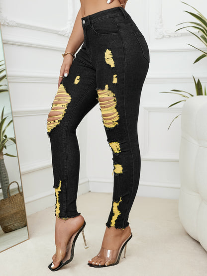 Stylish Women's Mid-Waist Distressed Jeans - Stretchy Denim, Casual Ripped Long Pants with Frayed Hem, Washed Effect, Black with Yellow Accent, Comfortable Fit, Versatile Style, Everyday Wear MyFave Boutique