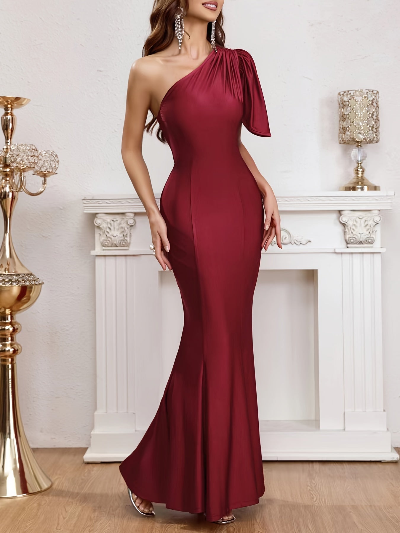 Solid One Shoulder Mermaid Hem Dress, Elegant Bodycon Dress For Banquet & Party, Women's Clothing MyFave Boutique