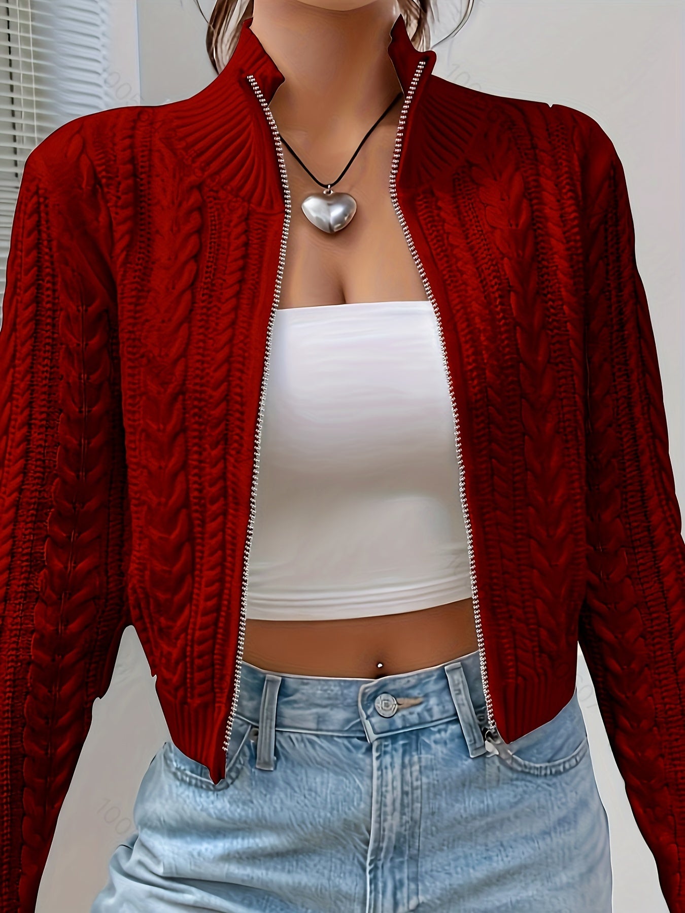 Cozy and Chic Women's Cable Knit Cardigan with Mock Neck and Slim Fit - Perfect for Layering and Staying Warm MyFave Boutique