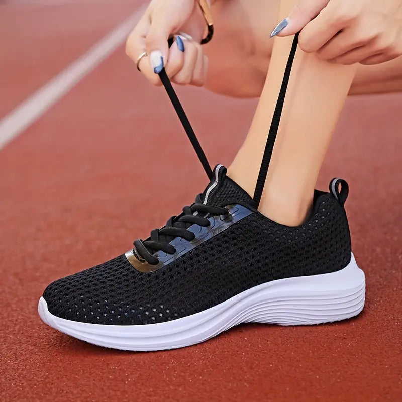 Women's Solid Color Mesh Snerakers, Lace Up Soft Sole Platform Fitness Shoes, Low-top Breathable Running Shoes MyFave Boutique