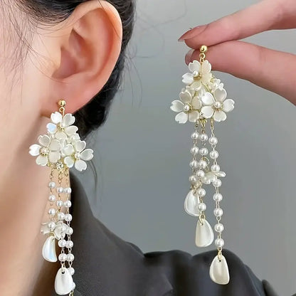 Elegant White Flower And Faux Pearl Tassel Dangle Earrings, Accessory For Daily Wear And Special Occasions MyFave Boutique