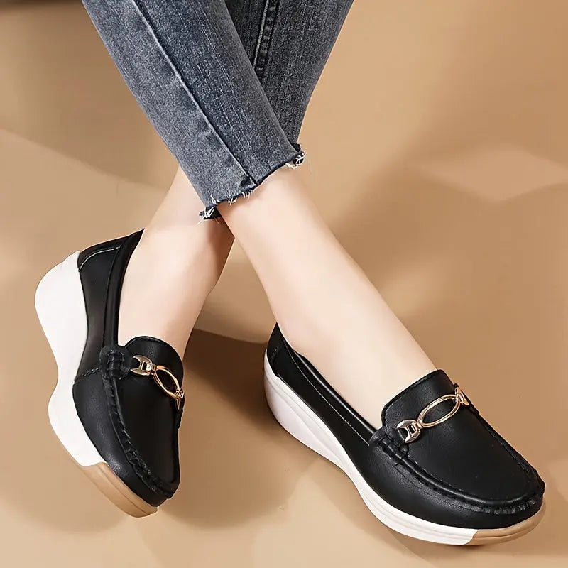 Women's Metallic Buckle Decor Flat Loafers, Casual Slip On Platform Shoes, Women's Comfortable Shoes MyFave Boutique