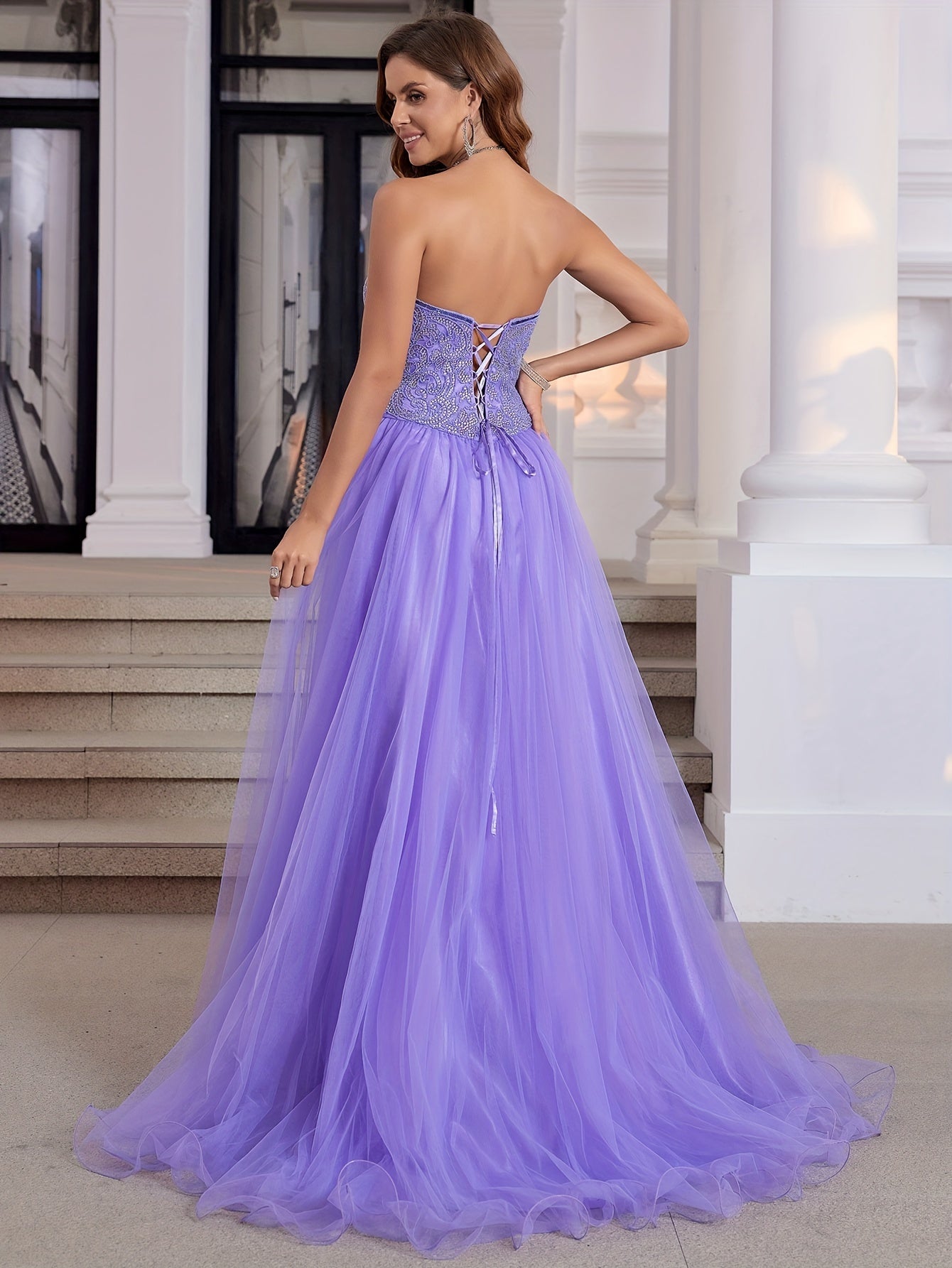 Luxury Crystal Hand Beading Formal Evening Dresses Long Ball Gown Tulle Homecoming Prom Party Gowns For Teens Strapless Lace Up Back Prom Dresses Long Floor Length MyFave Boutique